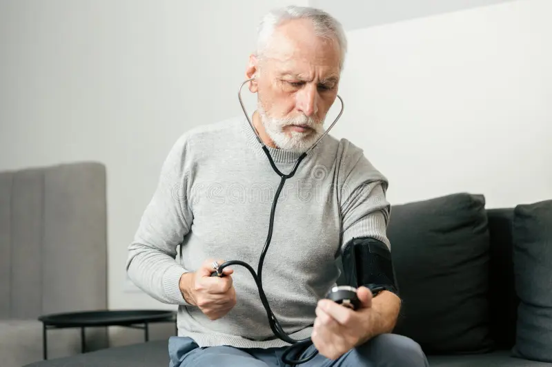 older man checking blood pressure